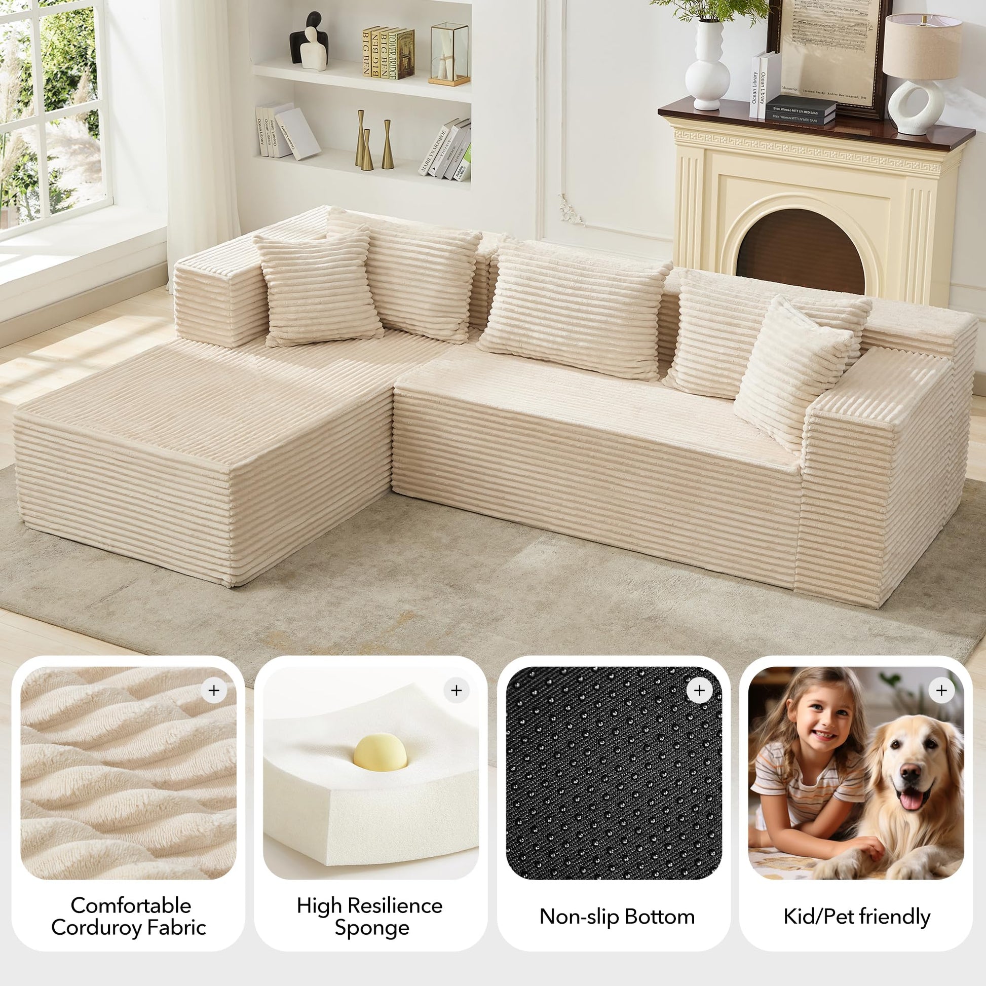 Canapé d'angle modulable Garvee Cloud Couch 269 cm (106 po) avec assise profonde de 41,4 cm (16,3 po) et méridienne de 93,2 cm (36,7 po), revêtement en velours côtelé, structure sans armature, 5 coussins, salon, beige