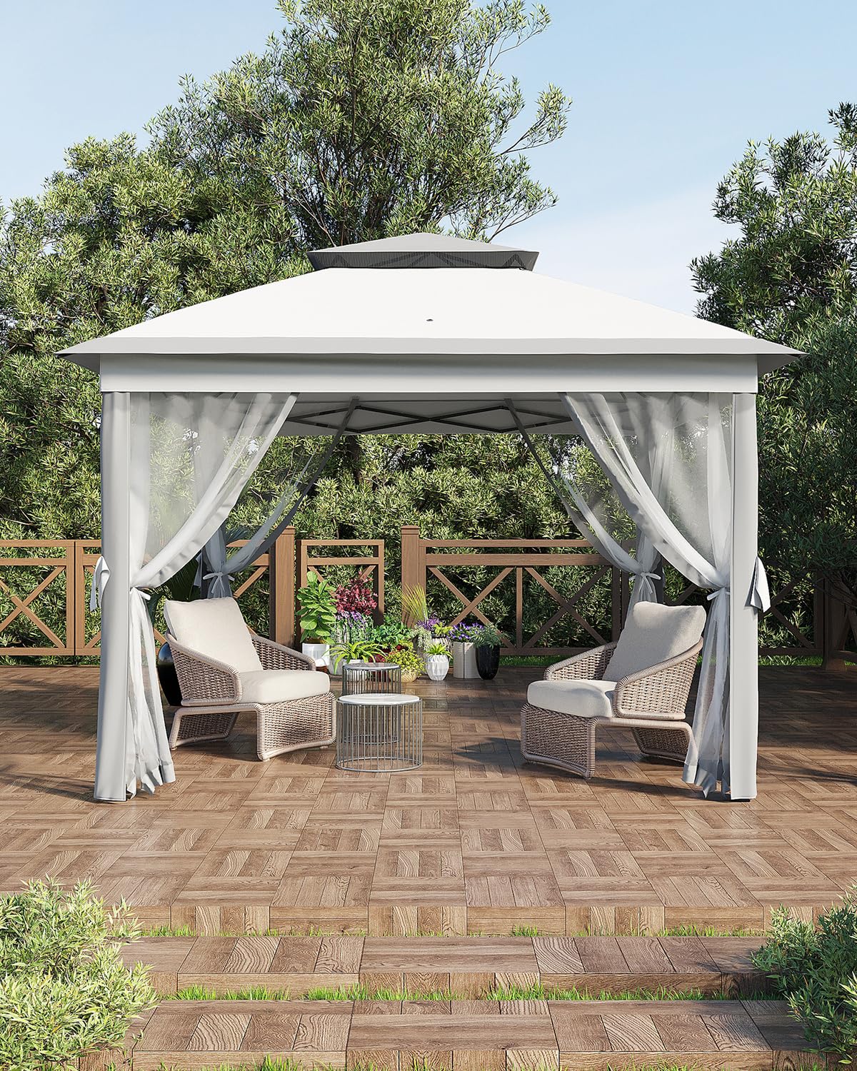 Garvee Tonnelle de Jardin 335 x 335 cm, Double Toit, Moustiquaire, Structure Métallique Robuste, Toile Polyester Imperméable, Patio et Terrasse