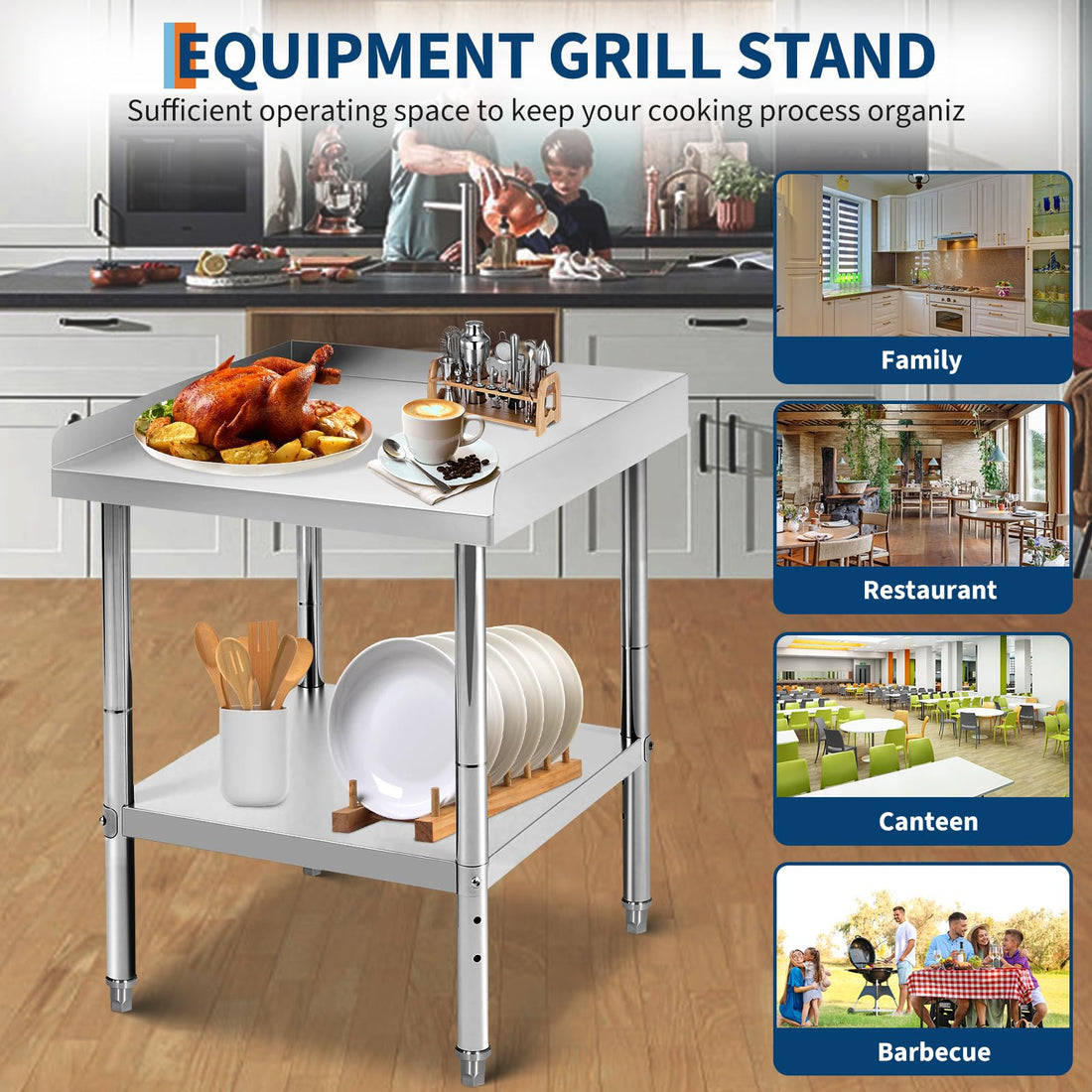 Table de grillade Garvee en acier inoxydable, hauteur réglable, 30 x 60 x 75 cm, capacité de charge de 180 kg, certifiée NSF, pour usage commercial et domestique, construction robuste, argent