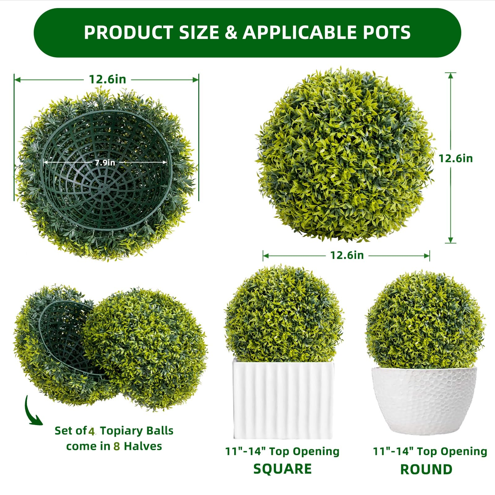 Ensemble de 4 boules de buis artificiel Garvee de 30 cm (11,8 pouces), résistantes aux UV, sans entretien, en polyéthylène, pour jardin et bureau, vertes, avec crochets.