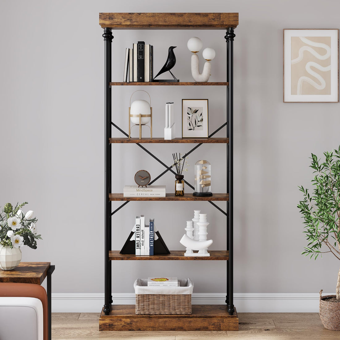 Garvee Étagère industrielle à 6 niveaux, structure en bois et métal, pour salon et bureau, 187×80×30cm, style vintage