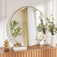 Miroir mural rond Garvee 91 cm (36 po) doré, cadre en métal doré mat, pour salle de bain et salon, grand cercle, verre écologique HD