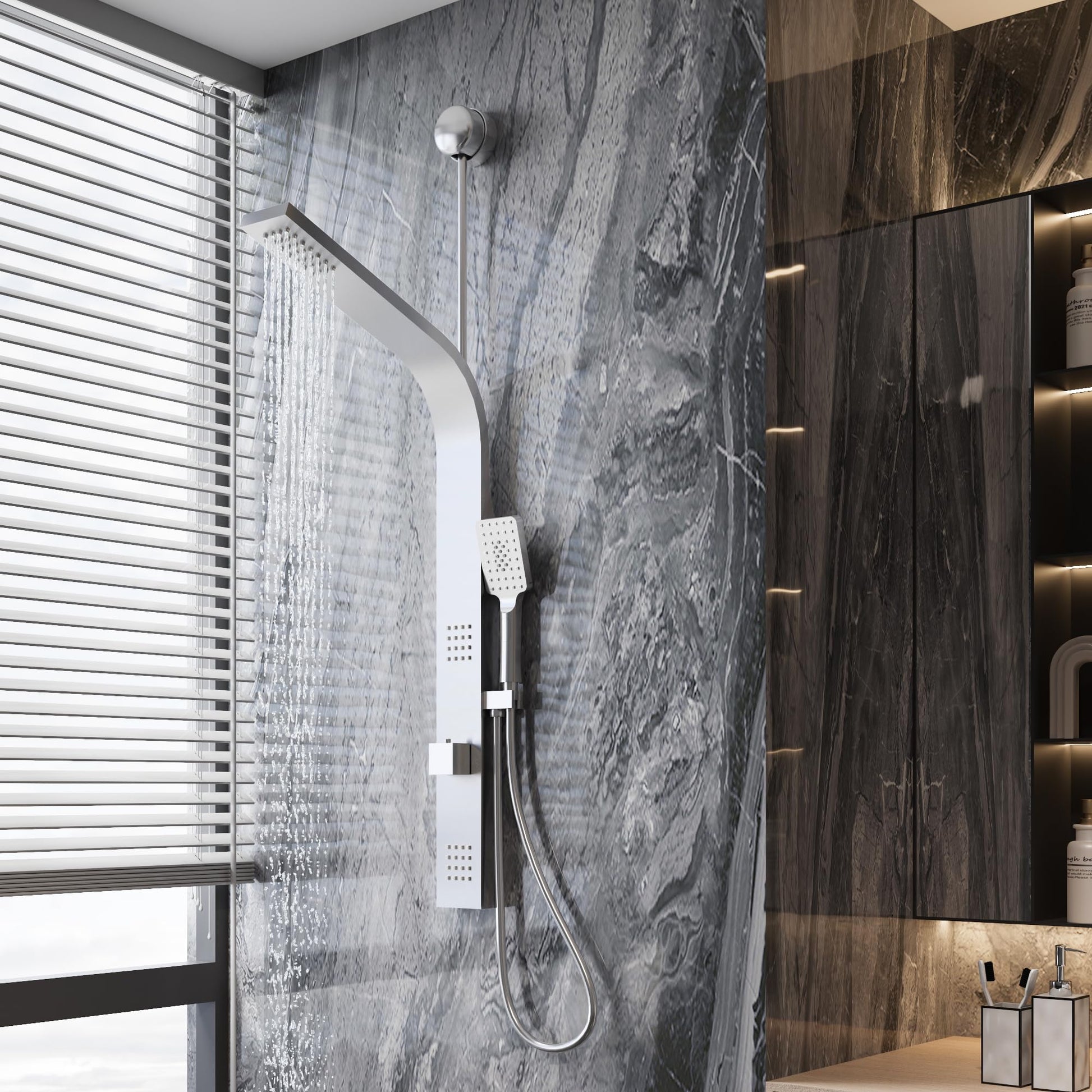 Colonne de douche Garvee avec jets pluie et cascade, 2 jets de massage, douchette 3 fonctions, acier inoxydable, nickel brossé, fixation murale, salle de bain moderne