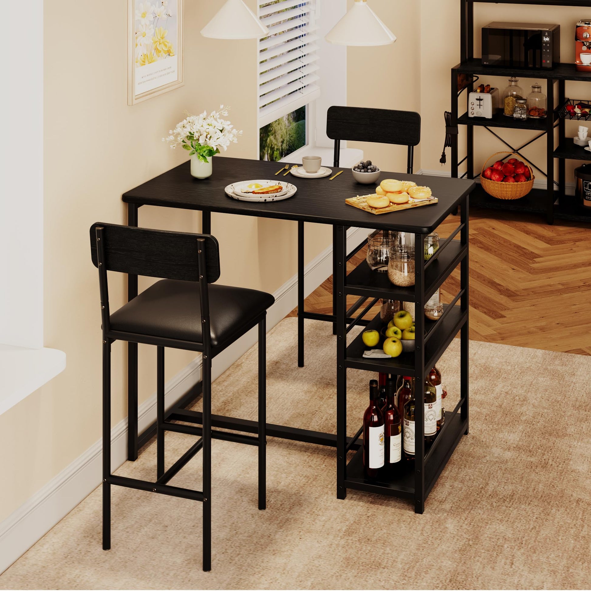 GARVEE Ensemble de bar 3 pièces avec 2 tabourets rembourrés, table de cuisine avec 3 étagères, 91,5 x 50 x 91,5 cm, noir