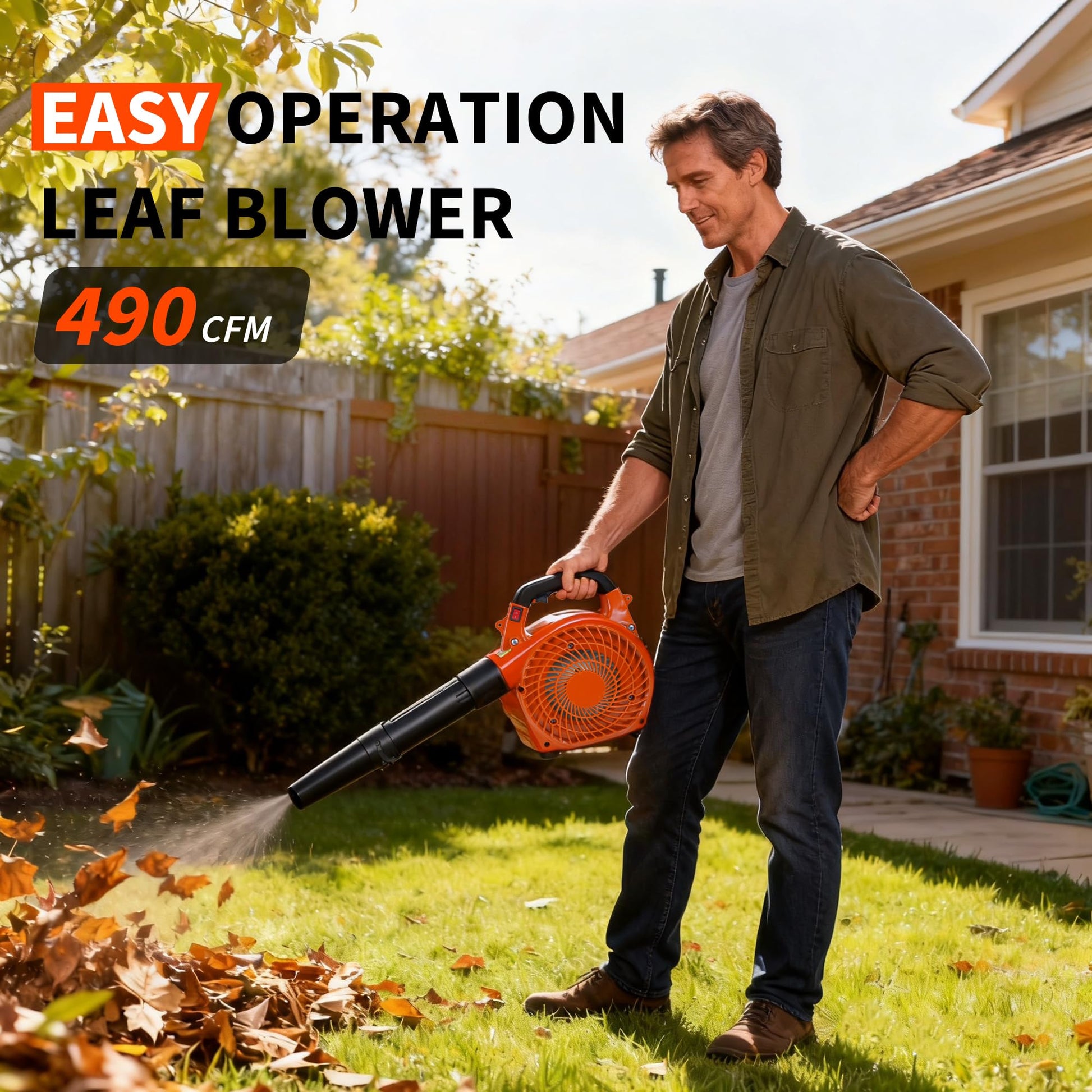Souffleur de feuilles portatif à essence Garvee 28 cm³, 1,1 CV, 490 CFM, 290 km/h, pour jardin, cour, allée et neige, orange