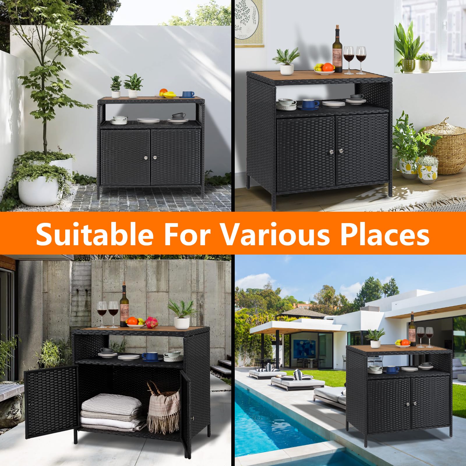 Armoire de rangement extérieure Garvee en résine tressée avec étagère, résistante aux intempéries, acier thermolaqué, 2 portes, marron, idéale pour le jardin et la piscine.
