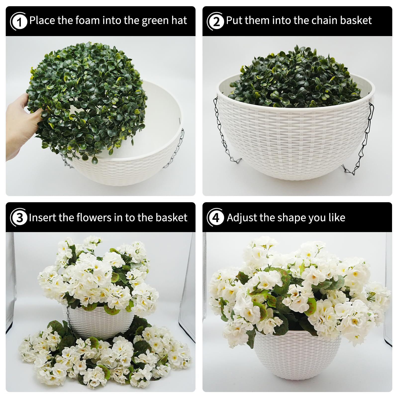 Ensemble de géraniums artificiels Garvee, résistant aux intempéries, 2 paniers, blanc, pour la décoration du jardin et de la terrasse
