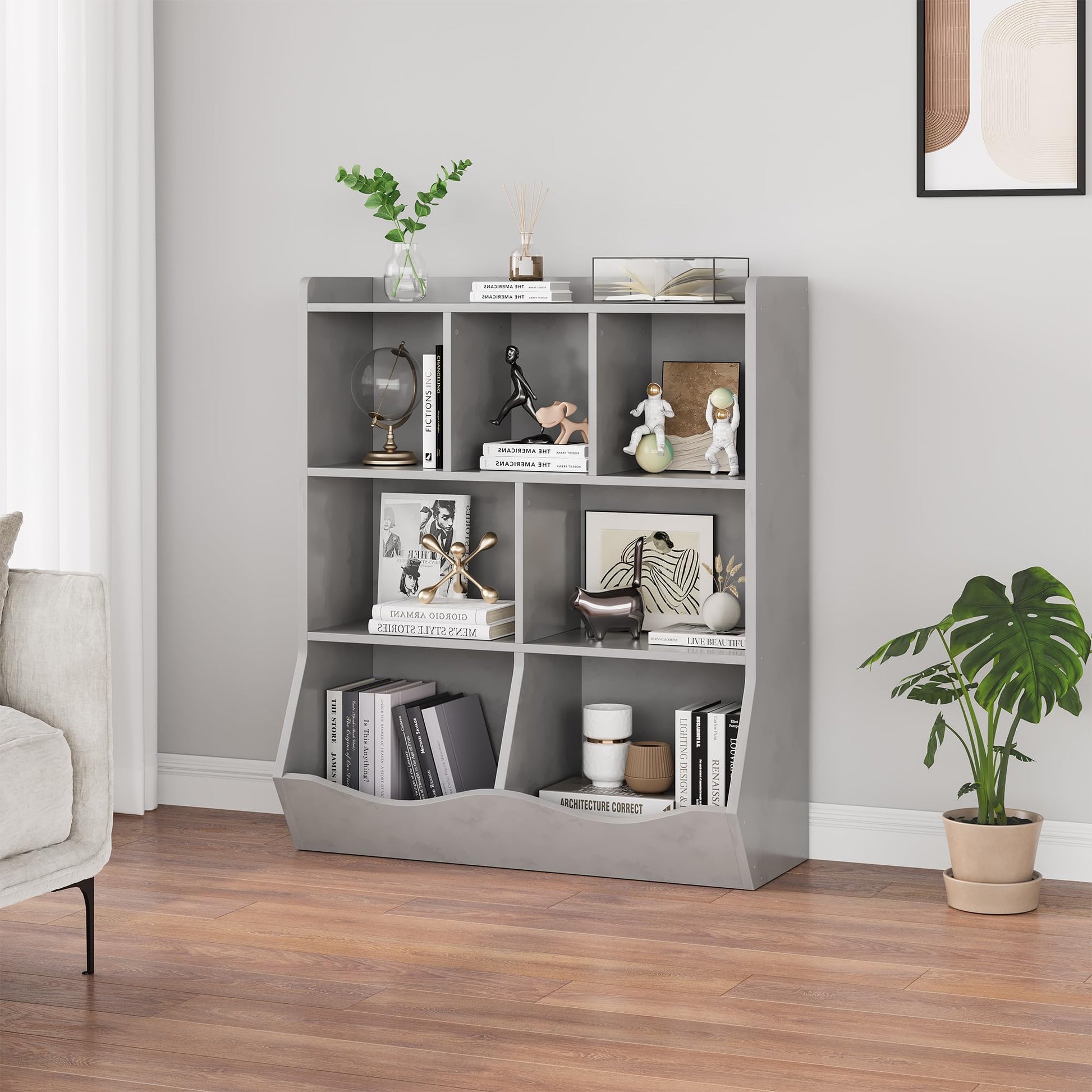 Meuble de rangement pour jouets Garvee gris pour enfants, étagère à 3 niveaux, robuste, anti-basculement, 5 étagères, chambre et salle de jeux, bois, gris