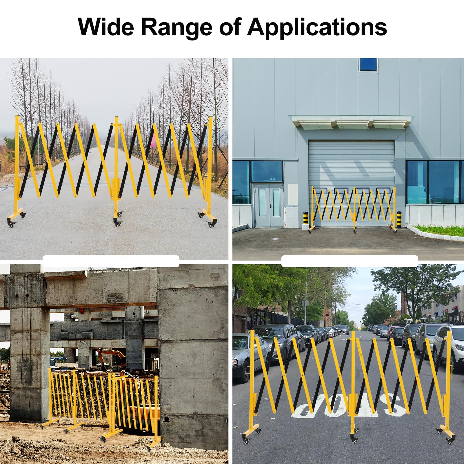 Barrière métallique extensible Garvee de 4,88 m (16 pi) avec roues pour chantiers et signalisation routière, jaune et noir, flexible et facile à assembler