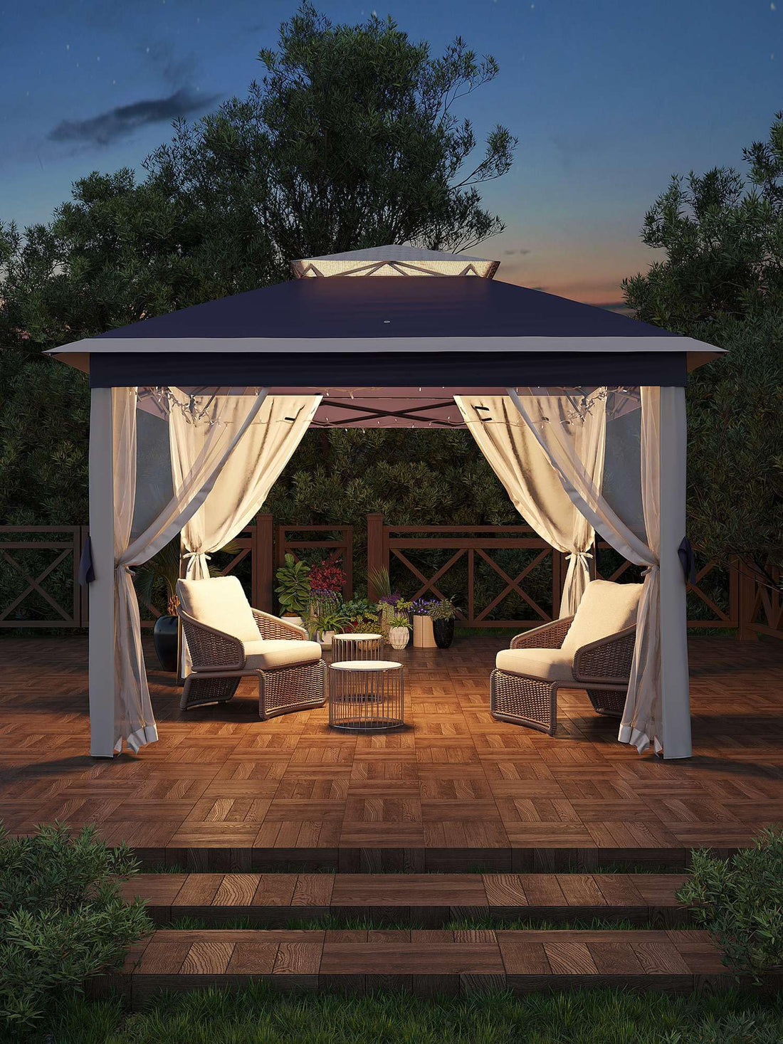Pavillon pliant Garvee 3,35 m x 3,35 m avec moustiquaire, résistant à l'eau et aux UV, hauteur réglable, structure métallique, coupe-vent, pour jardin et extérieur, gris.