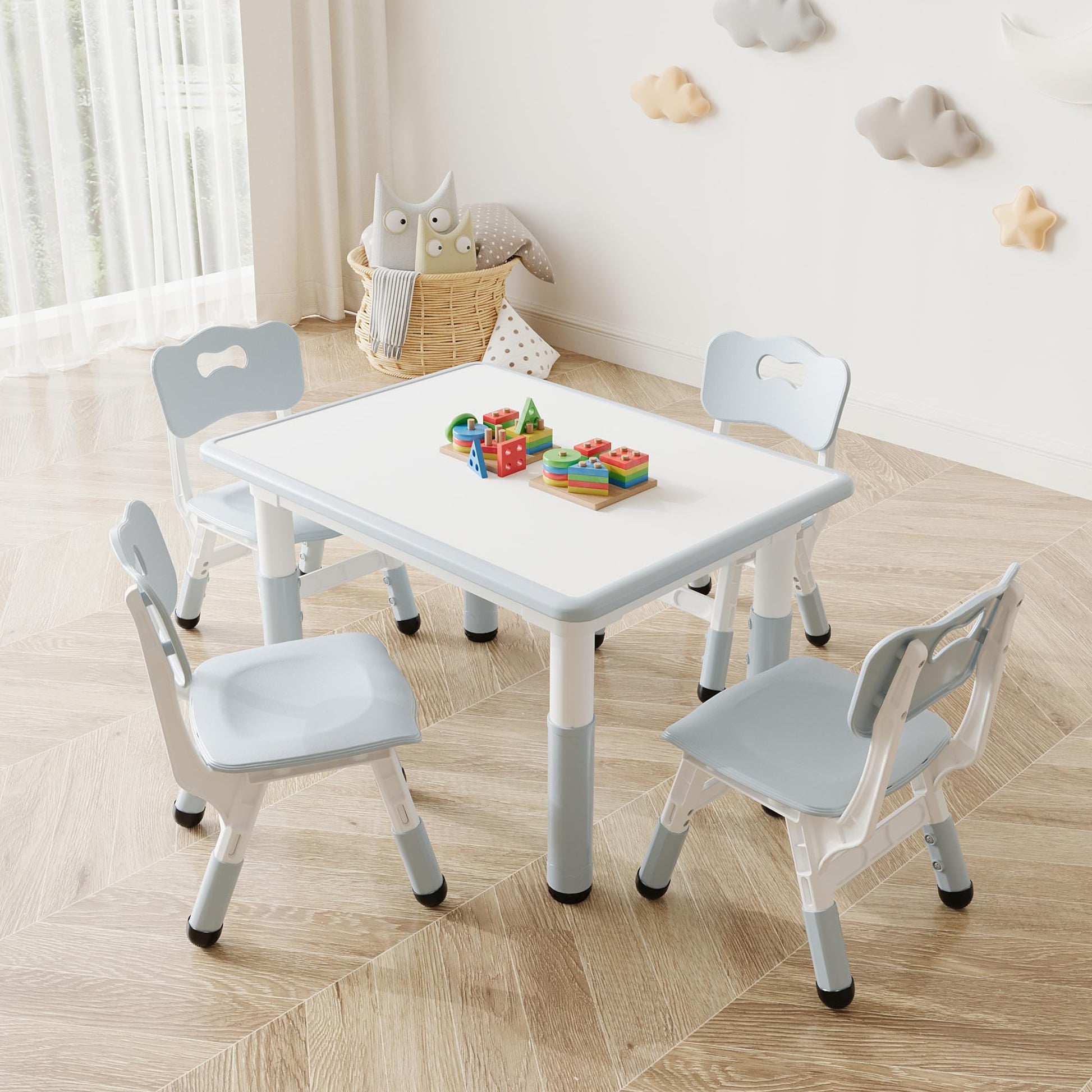 Table enfant Garvee avec chaises, hauteur réglable, plateau style graffiti, ergonomique, PEHD, coussins antidérapants pour maternelle et salle de jeux, 4 chaises