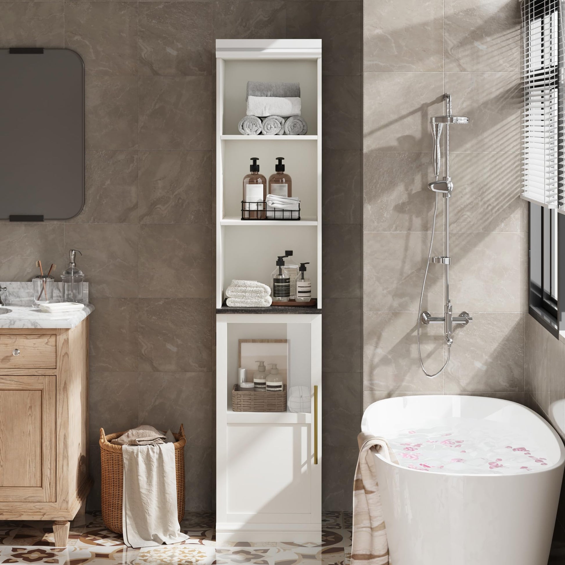 Garvee colonne de rangement salle de bain 178 cm, meuble étroit autoportant avec porte et étagères ouvertes, pour petits espaces