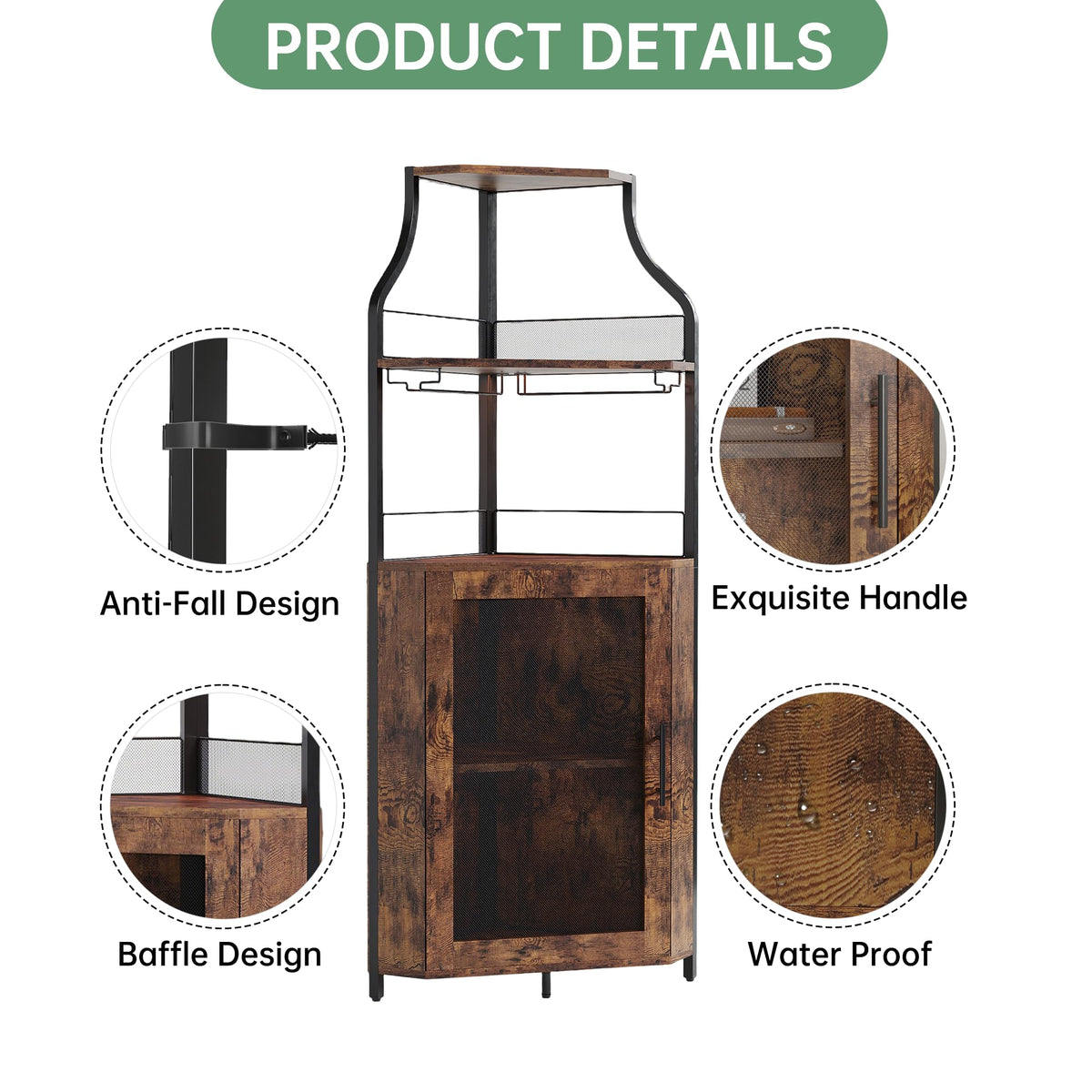 Garvee Meuble bar d'angle pour spiritueux avec étagères réglables, 155 cm, style industriel, MDF et métal, porte grillagée, porte-verres, autoportant, cuisine et salon