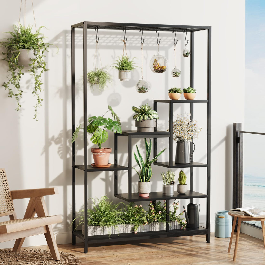 Garvee Support pour plantes d'intérieur, structure métallique à 5 niveaux avec crochets pour balcon et salon, 180 cm (70, 23 cm), noir