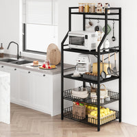 Étagère de cuisine Garvee Bakers Rack à 5 niveaux, 2 paniers métalliques, 8 crochets, en MDF et acier robustes, noir rustique, idéale pour la cuisine et le coin café.