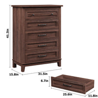Garvee Commode à 5 tiroirs, en noyer, pour chambre et salon, grande taille, style rustique moderne, en MDF, imperméable et anti-basculement
