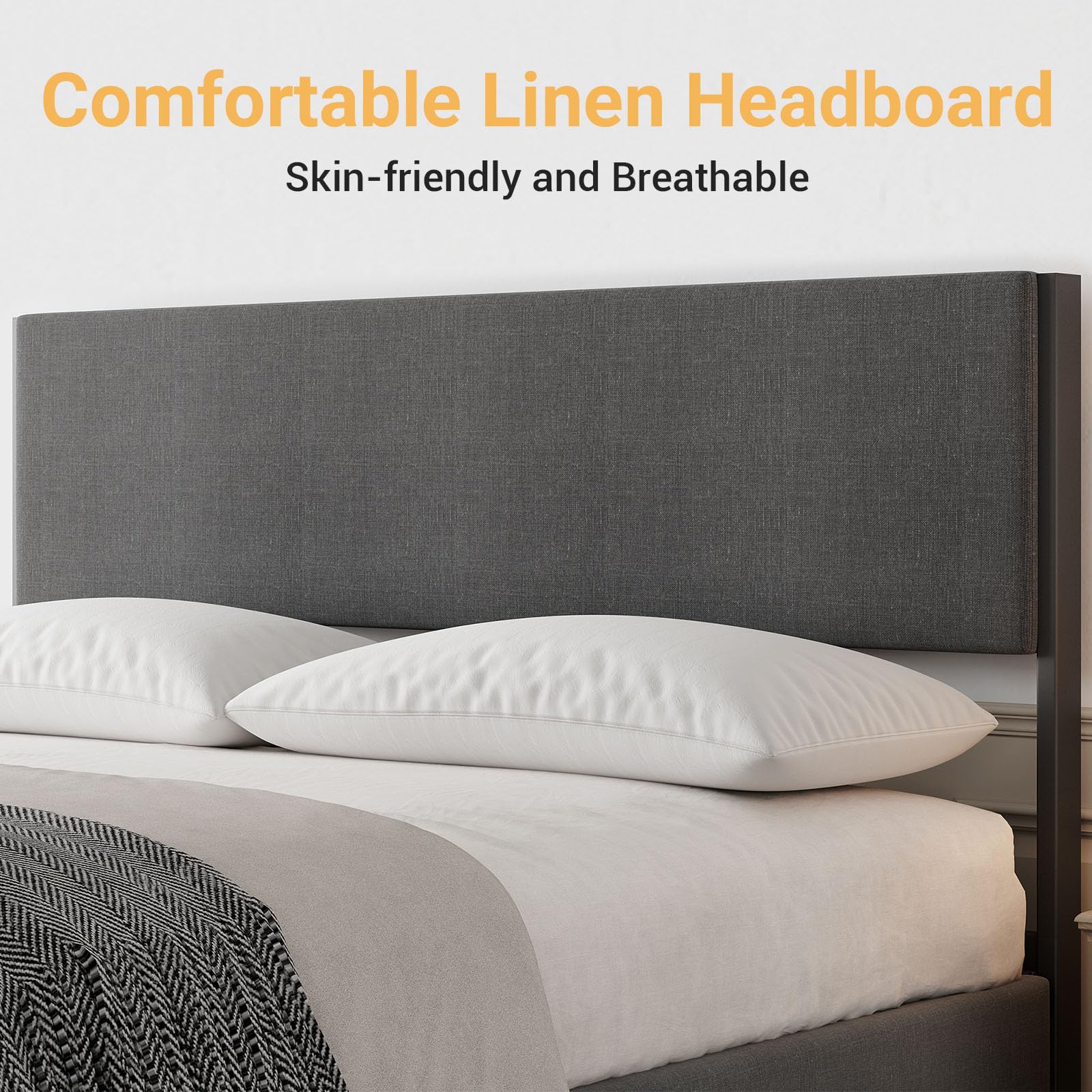 Cadre de lit Garvee Queen Size avec tête de lit, 2 tiroirs, sommier à lattes métalliques, silencieux, tissu en lin gris, chambre à coucher