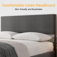 Cadre de lit Garvee Queen Size avec tête de lit, 2 tiroirs, sommier à lattes métalliques, silencieux, tissu en lin gris, chambre à coucher