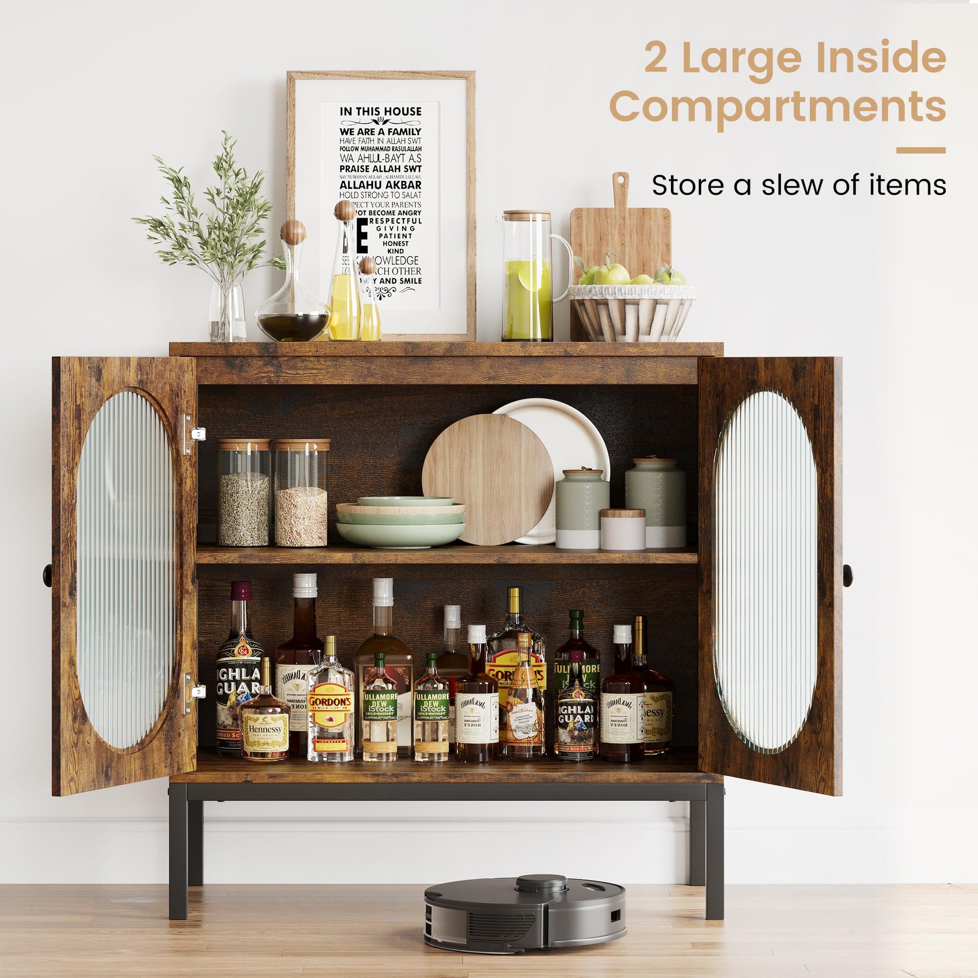 Garvee buffet avec façade en verre et étagère réglable, 80 cm, pour salon et cuisine, brun rustique