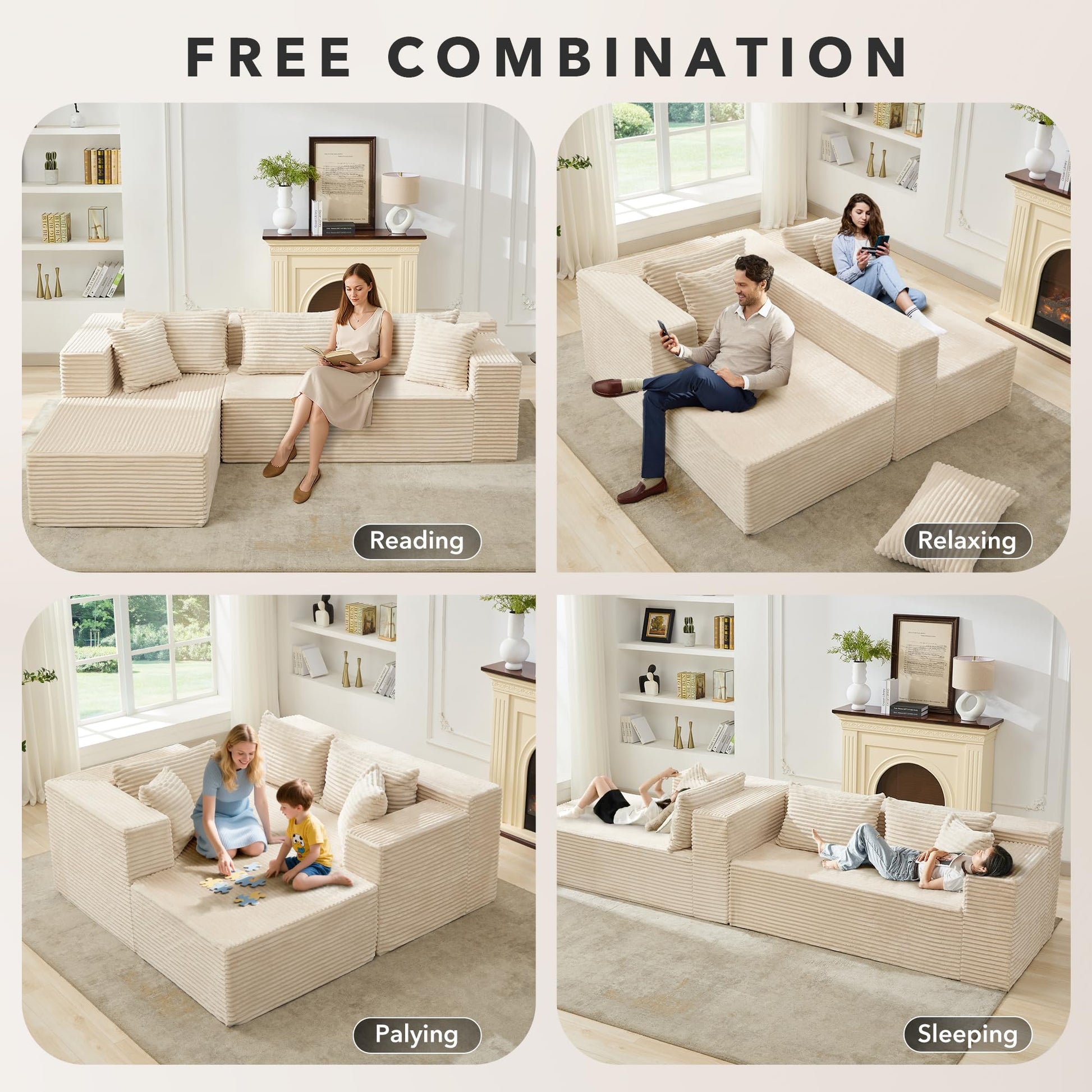 Canapé d'angle modulable Garvee Cloud Couch 269 cm (106 po) avec assise profonde de 41,4 cm (16,3 po) et méridienne de 93,2 cm (36,7 po), revêtement en velours côtelé, structure sans armature, 5 coussins, salon, beige