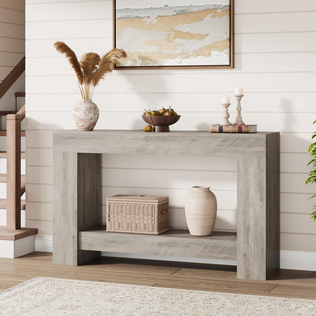 Garvee Console 119,4 cm pour couloir, 2 niveaux, bois robuste, style rustique, avec rangement, pour salon et entrée, marron