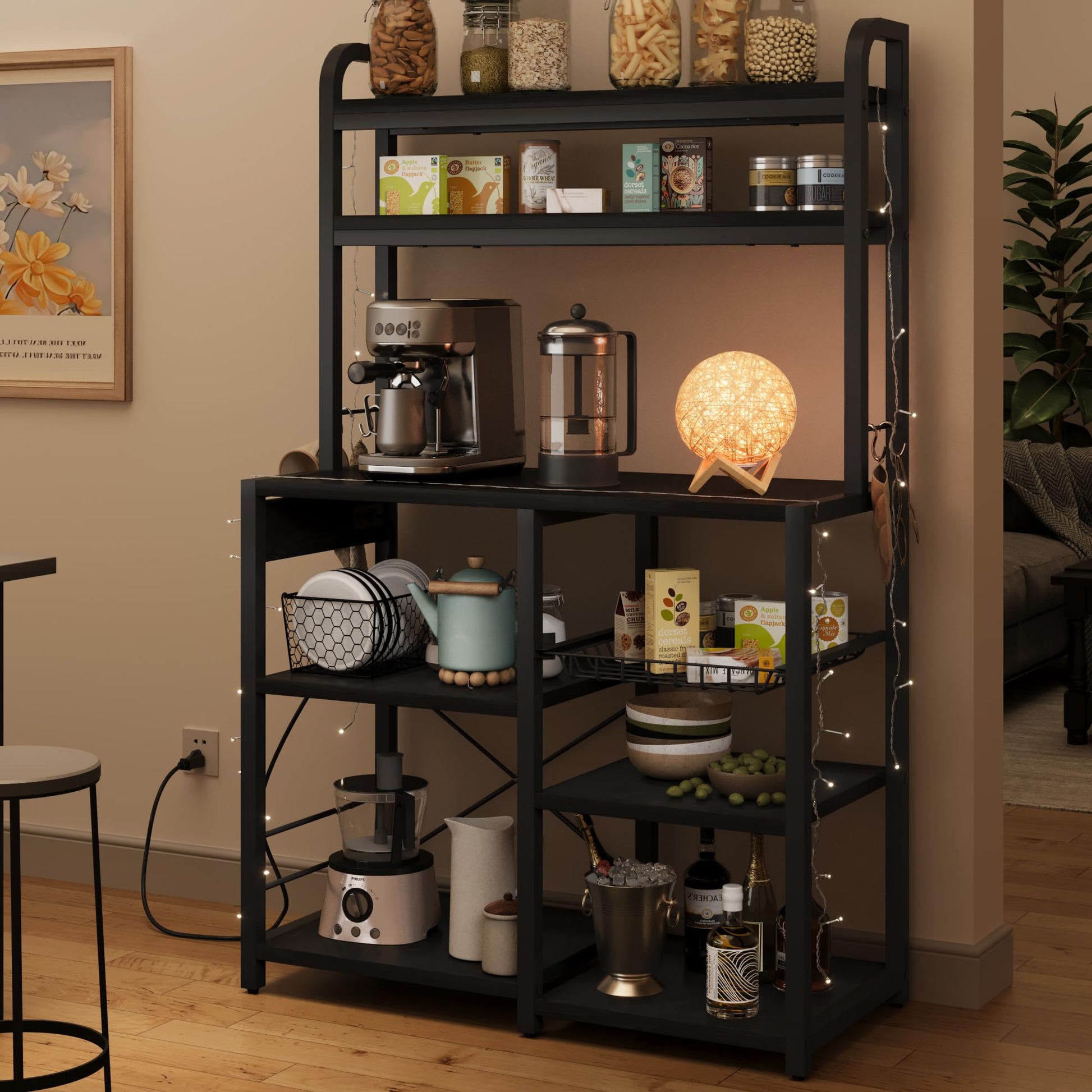 Étagère à pâtisserie Garvee Bakers à 5 niveaux avec prise électrique pour cuisine et coin café, 90 cm L x 40 cm l x 150 cm H, noire, construction en bois et métal