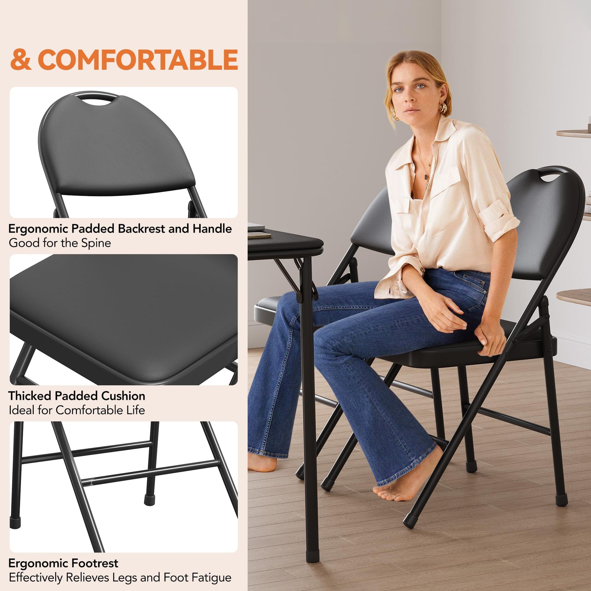 Ensemble de 2 chaises pliantes Garvee, en métal, pieds antidérapants, assise en PU, empilables, pour une utilisation intérieure et extérieure, idéales pour les fêtes et la salle à manger. Coloris : gris foncé, beige et rouge foncé.