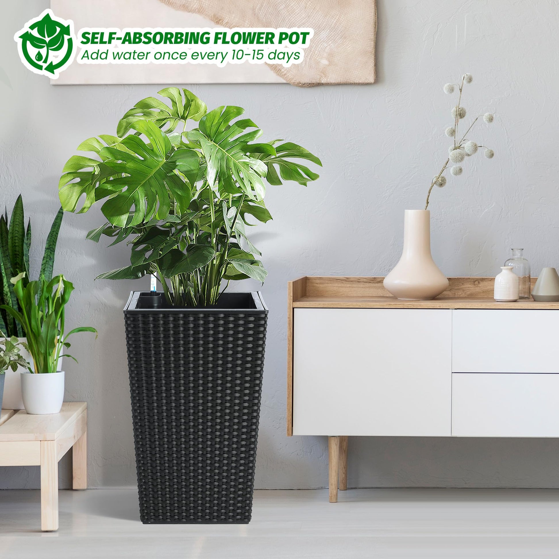 Garvee Ensemble de jardinières 40 cm en rotin avec indicateur de niveau d'eau et roulettes, blanc résistant aux intempéries, déco pour terrasse et salon