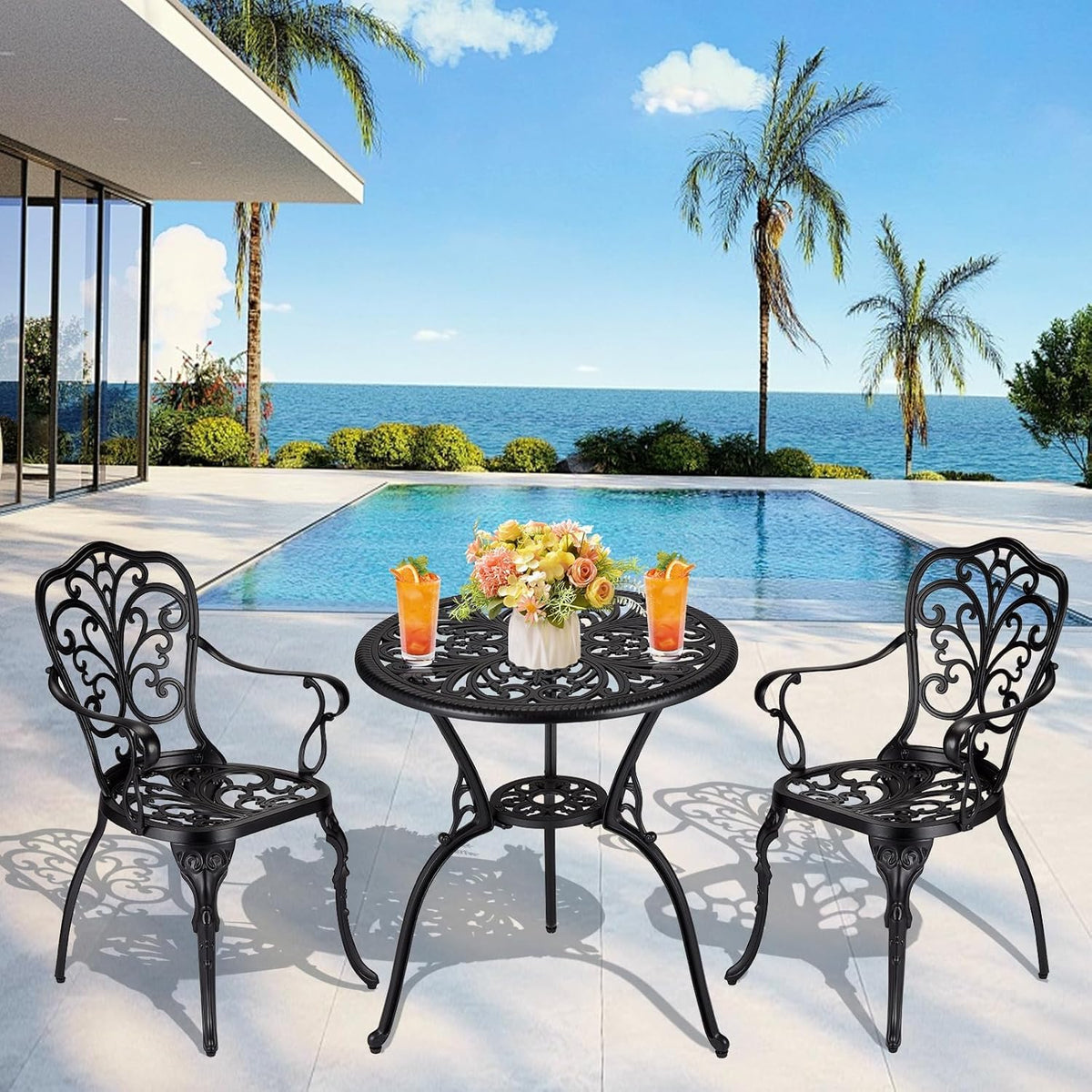 Ensemble bistro d'extérieur Garvee 3 pièces, en aluminium résistant aux intempéries et à la rouille, avec trou pour parasol, mobilier de jardin et de balcon, noir.