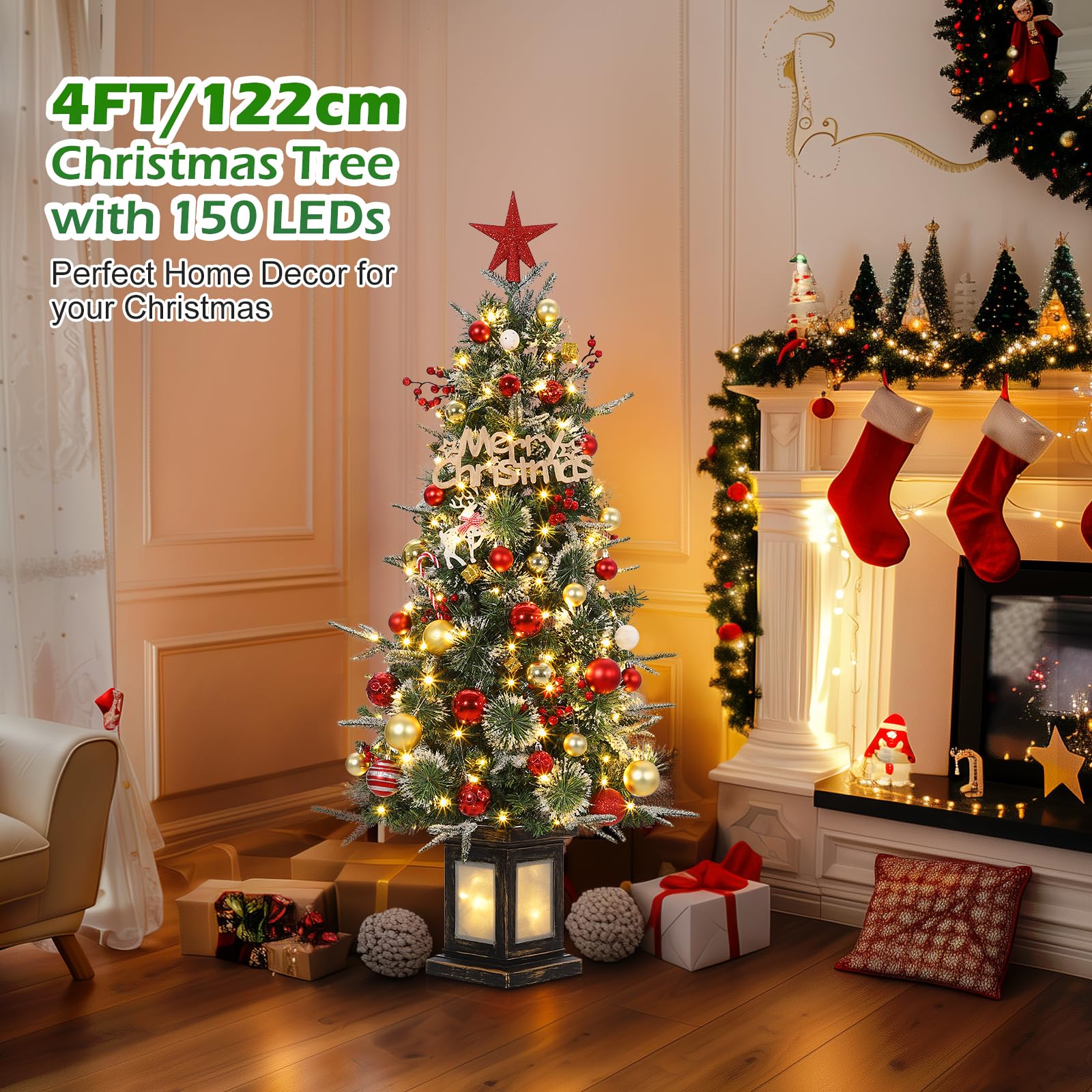 Sapin de Noël artificiel Garvee, 1 pièce – 120 cm, 150 LED (blanc chaud et multicolore), 8 modes d'éclairage, base transparente, fibre optique