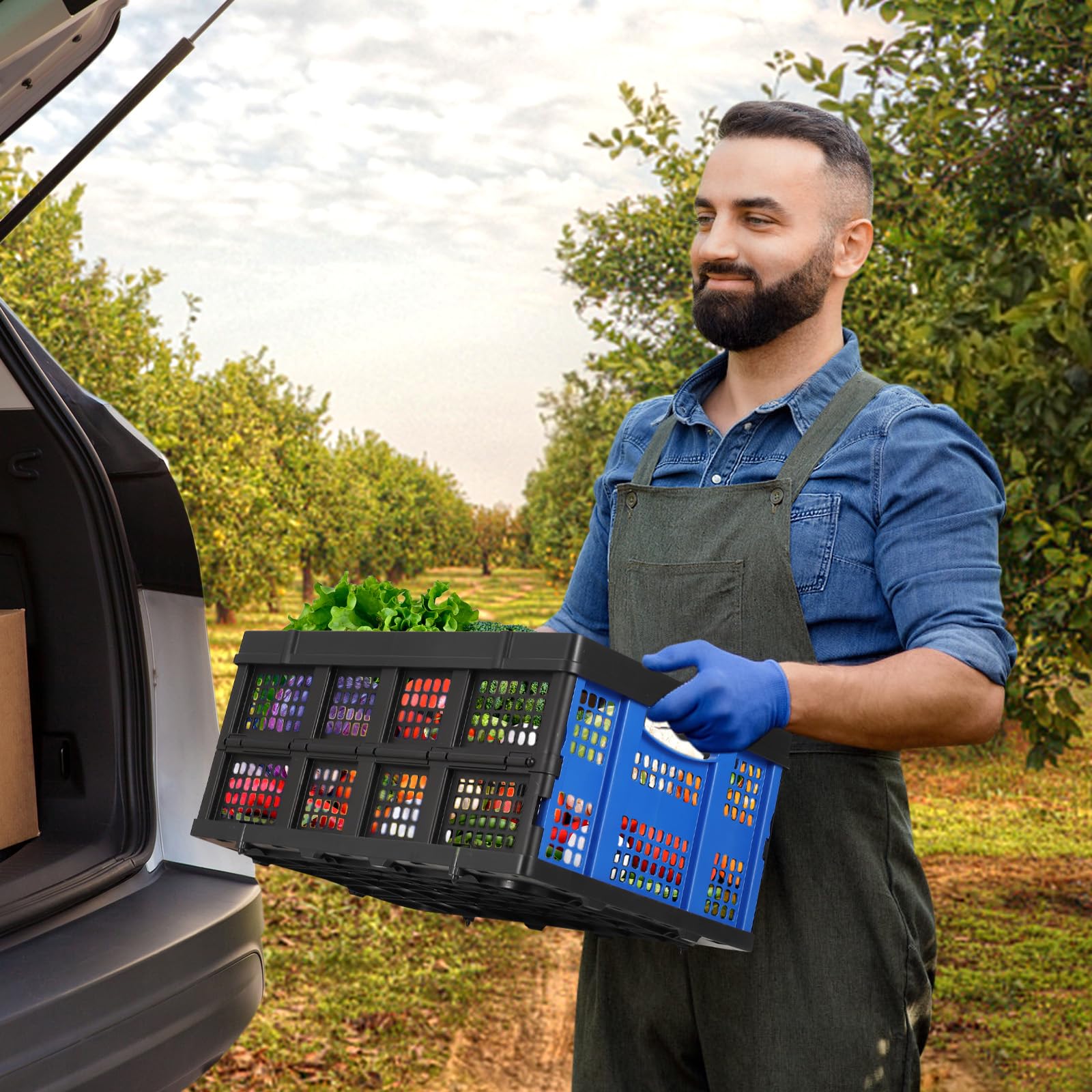 Boîte pliante professionnelle robuste Garvee avec poignées tactiles, 55 L, 40 x 56 x 26 cm, bleue - Pliable, empilable, écologique