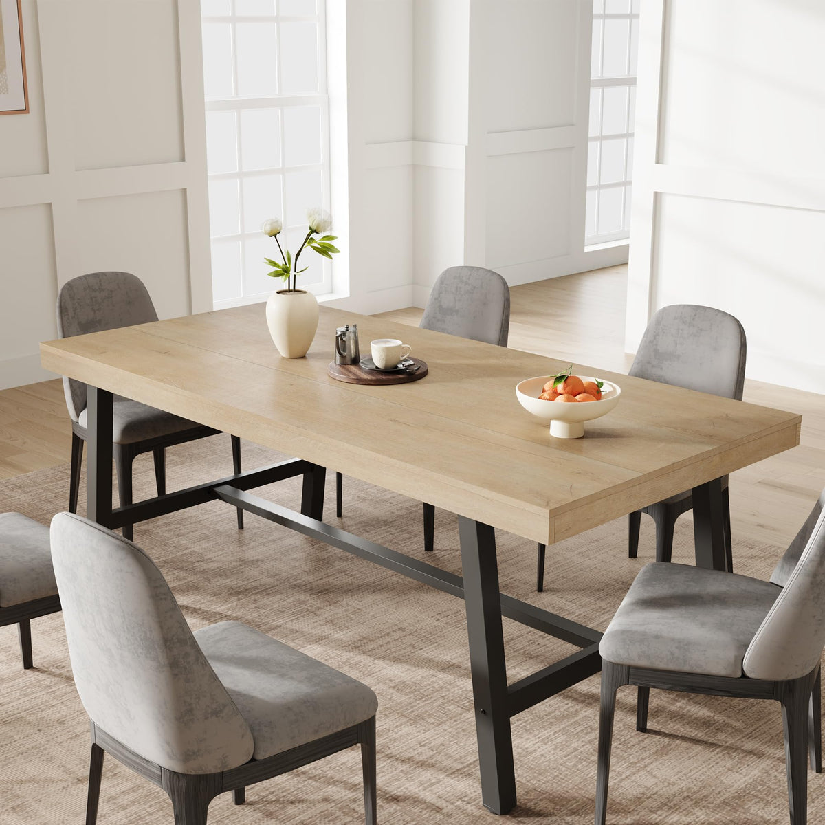 Garvee Table de salle à manger industrielle pour 6 à 8 personnes, structure métallique robuste, plateau en MDF brun rustique, pieds réglables
