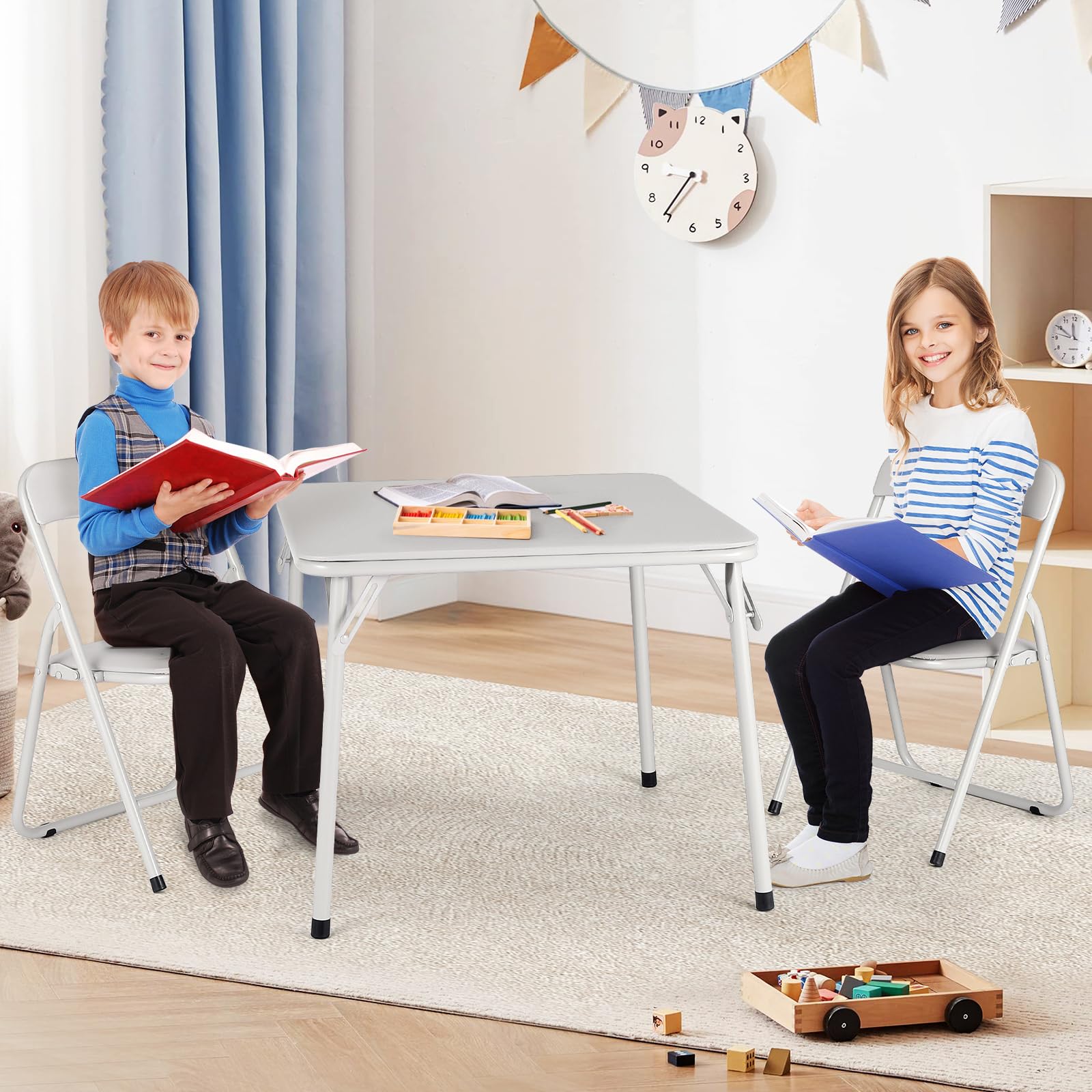 Ensemble table et chaises pliantes pour enfants Garvee, structure en métal, revêtement en PU, beige, pour manger et jouer