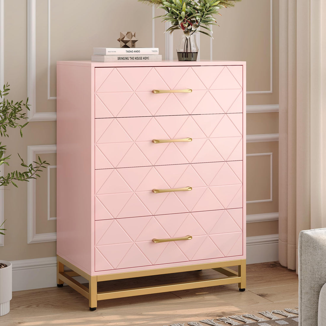 Commode Garvee à 4 tiroirs, poignées en métal, rose, bois, pieds en métal robustes, gain de place, pour salon et bureau