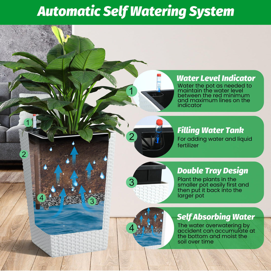 Garvee Ensemble de jardinières 40 cm en rotin synthétique, indicateur de niveau d'eau + roulettes, couleur blanche, résistant aux intempéries, parfait pour terrasse et salon