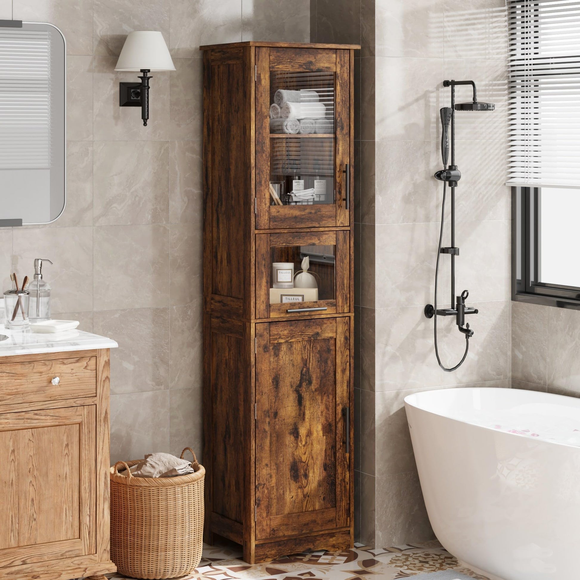 Meuble de salle de bain Garvee 170 cm, étroit et haut, avec 2 portes et 1 tiroir – Marron vintage, étagères réglables, gain de place pour salle de bain, couloir et salon