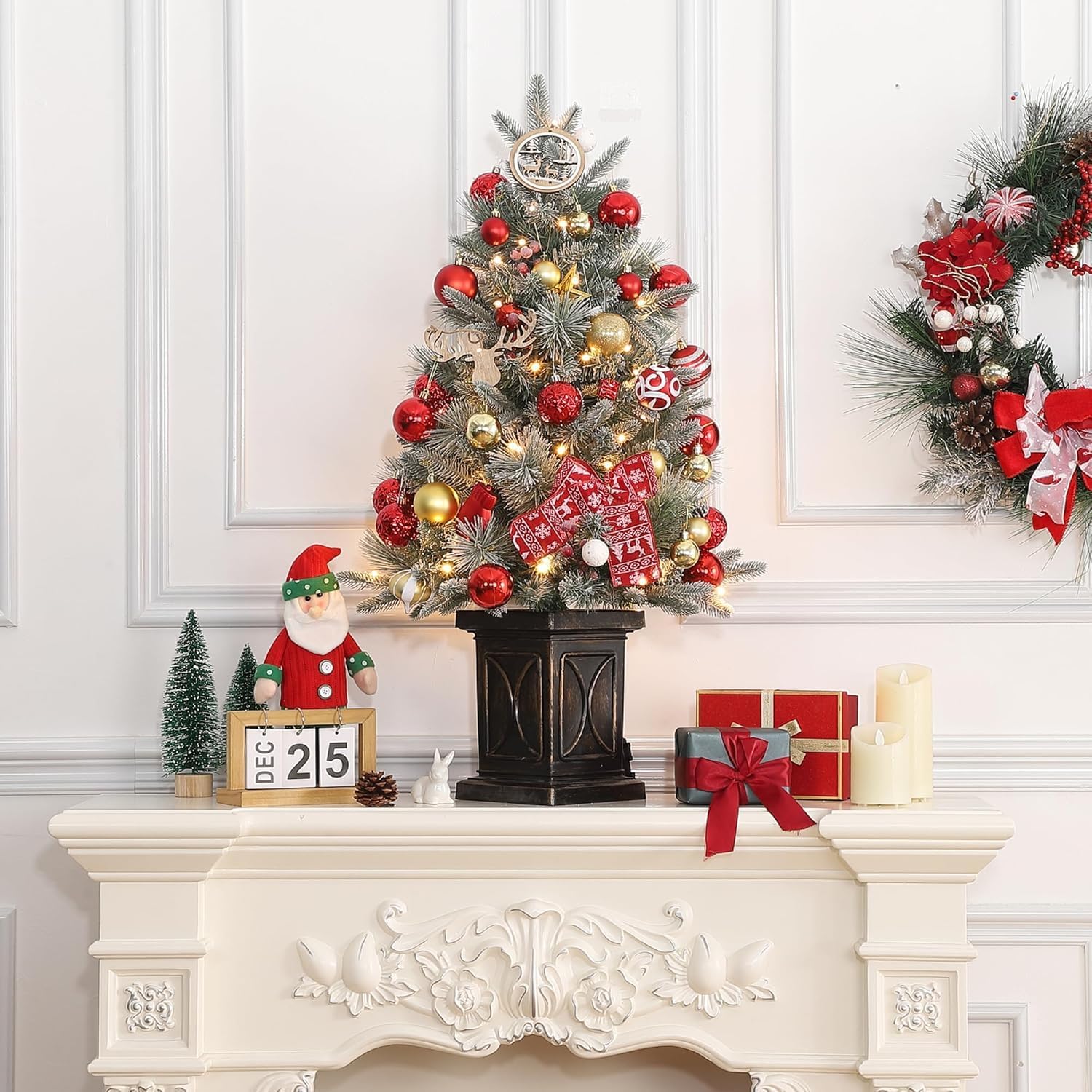 Sapin de Noël artificiel Garvee, 1 pièce – 90 cm, 78 LED (blanc chaud), 8 modes d'éclairage, base semi-circulaire, fibre optique, effet givré