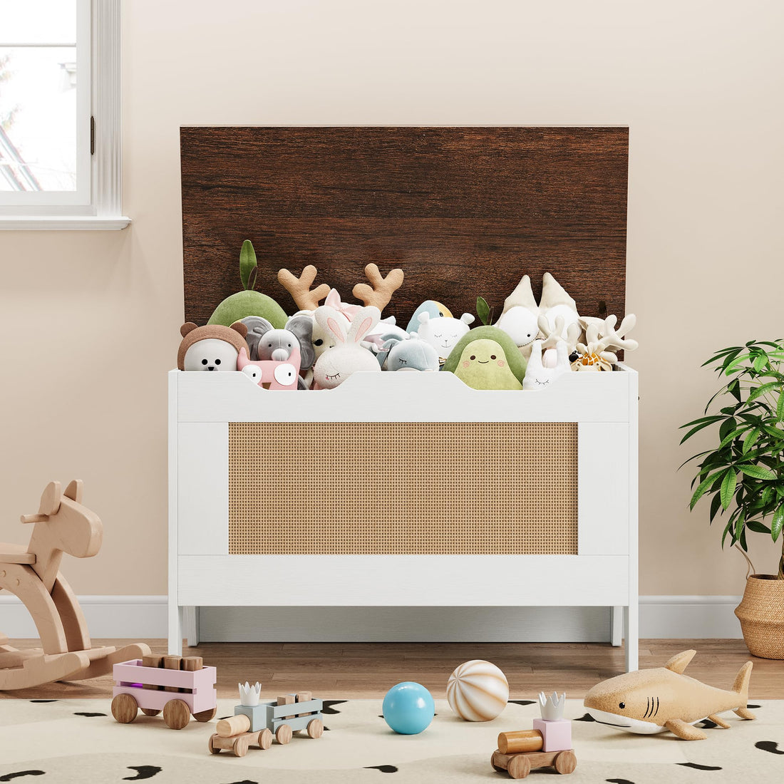GARVEE Coffre de rangement en bois avec charnières de sécurité, banc robuste 159 kg, style rustique blanc, multiusage pour salon et salle de jeux