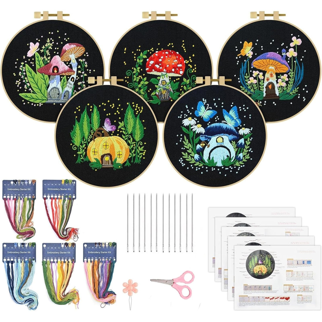 Kit de broderie GARVEE 5 pièces pour débutants, motif champignons, point de croix, kit de couture pratique, décoration en coton, kit de démarrage pour la maison