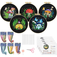 Kit de broderie GARVEE 5 pièces pour débutants, motif champignons, point de croix, kit de couture pratique, décoration en coton, kit de démarrage pour la maison
