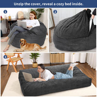 Pouf Garvee grand modèle en velours côtelé, housse pliable et lavable 2 en 1, gris foncé, pour salon ou chambre.