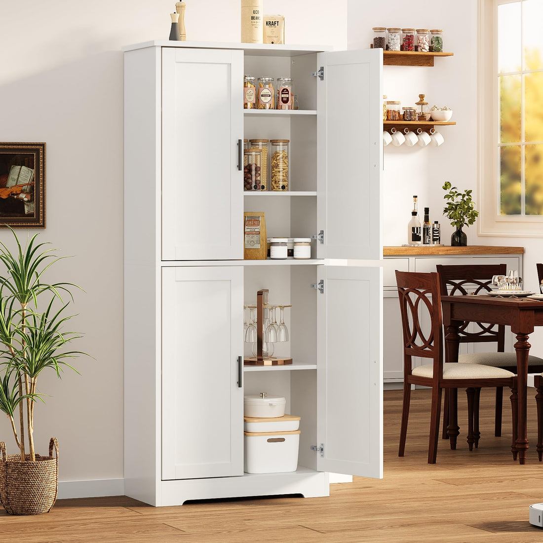Armoire de cuisine Garvee de 178 cm de haut avec 4 portes et étagères réglables, en bois blanc, pour salle à manger, salle de bain, salon