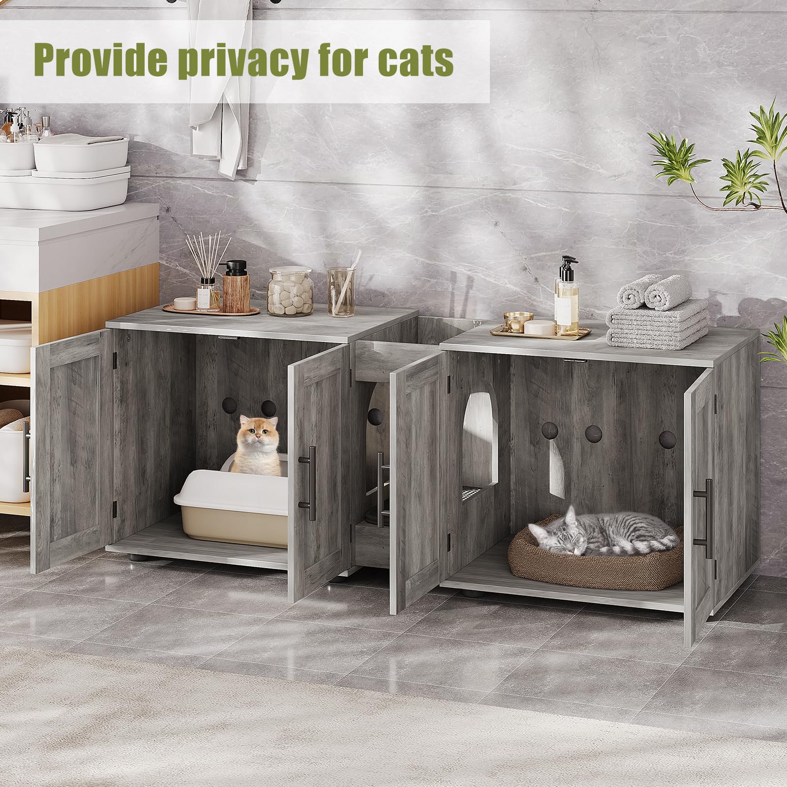 Garvee Meuble cache-litière 3-en-1 à double compartiment avec portes de grange, maison pour chat, gris