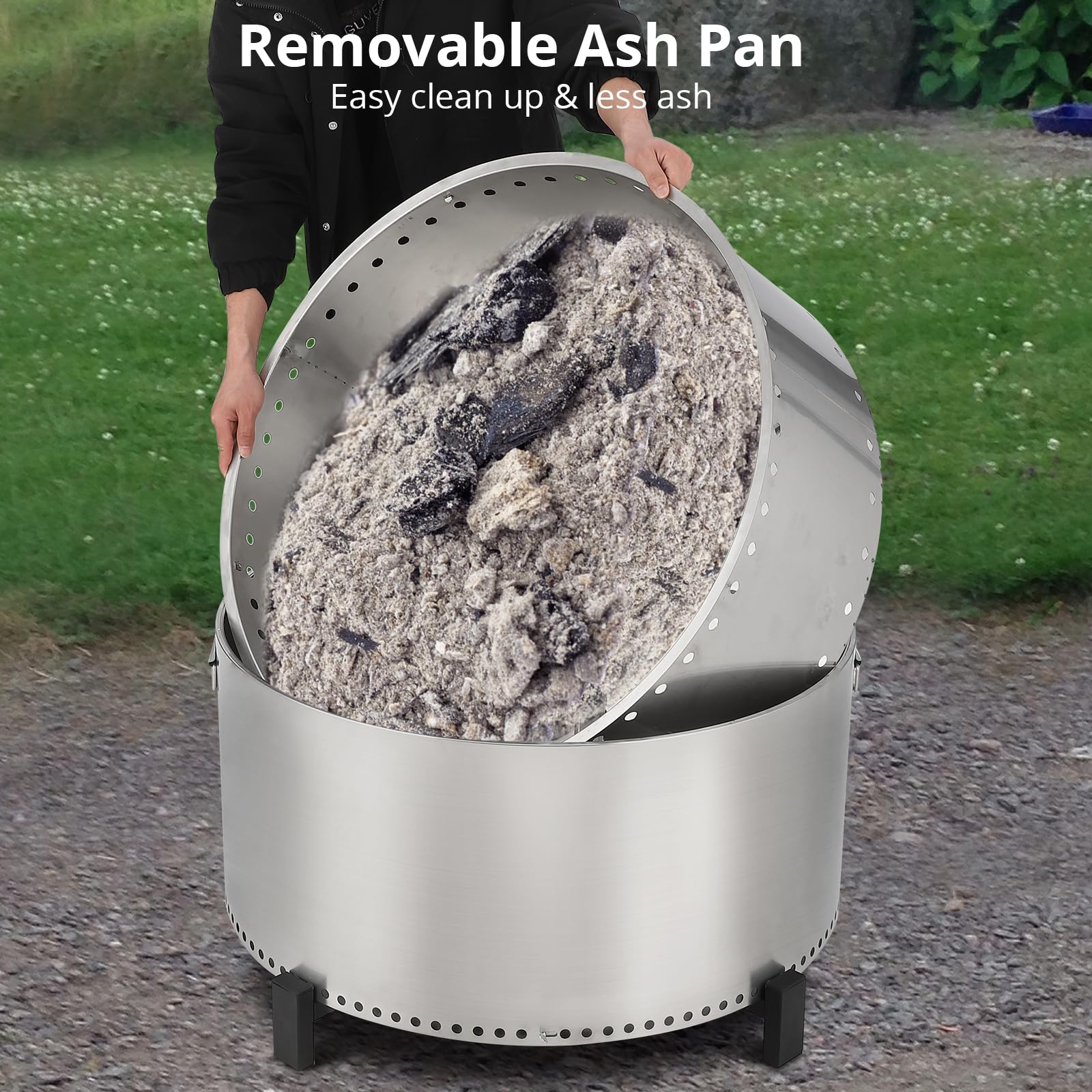 Brasero sans fumée Garvee 81 cm – Panier à feu double paroi en acier inoxydable avec poignées, idéal pour le camping et la terrasse.