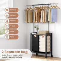 Panier à linge Garvee Trieur de linge à 2 compartiments avec barre de suspension et étagère en bois pour buanderie, 2 x 13 gal, noir