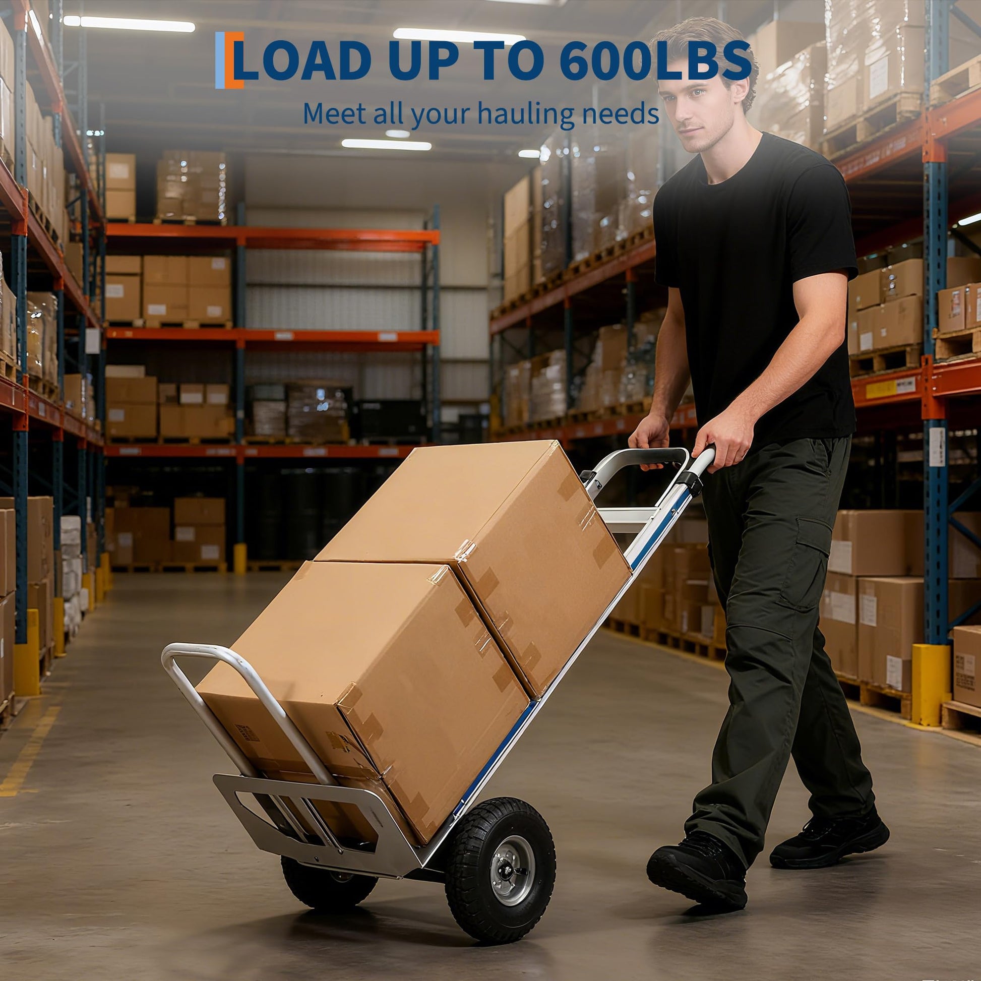 Chariot de manutention en aluminium Garvee, capacité de 272 kg (600 lb), avec base extensible pour la maison et l'entrepôt, pneus pneumatiques de 25 cm (10 po), léger et robuste