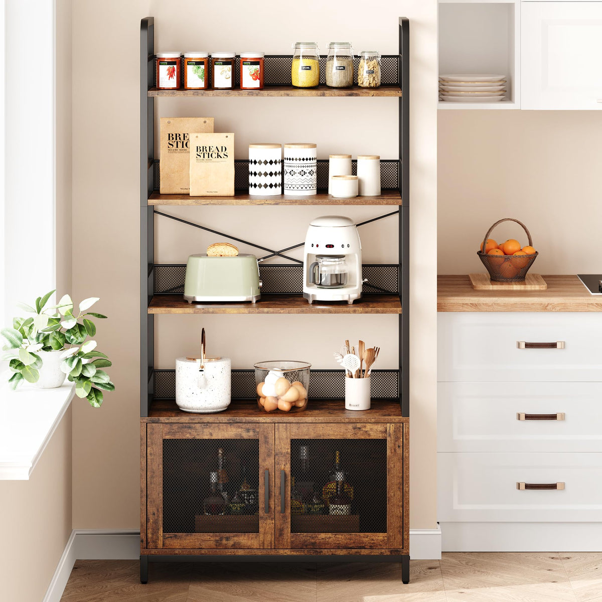 Garvee Bibliothèque Industrielle avec Portes Grillagées, 4 Étagères, Structure en Métal et Panneaux MDF, 180 × 80 × 30,5 cm, pour Salon et Bureau