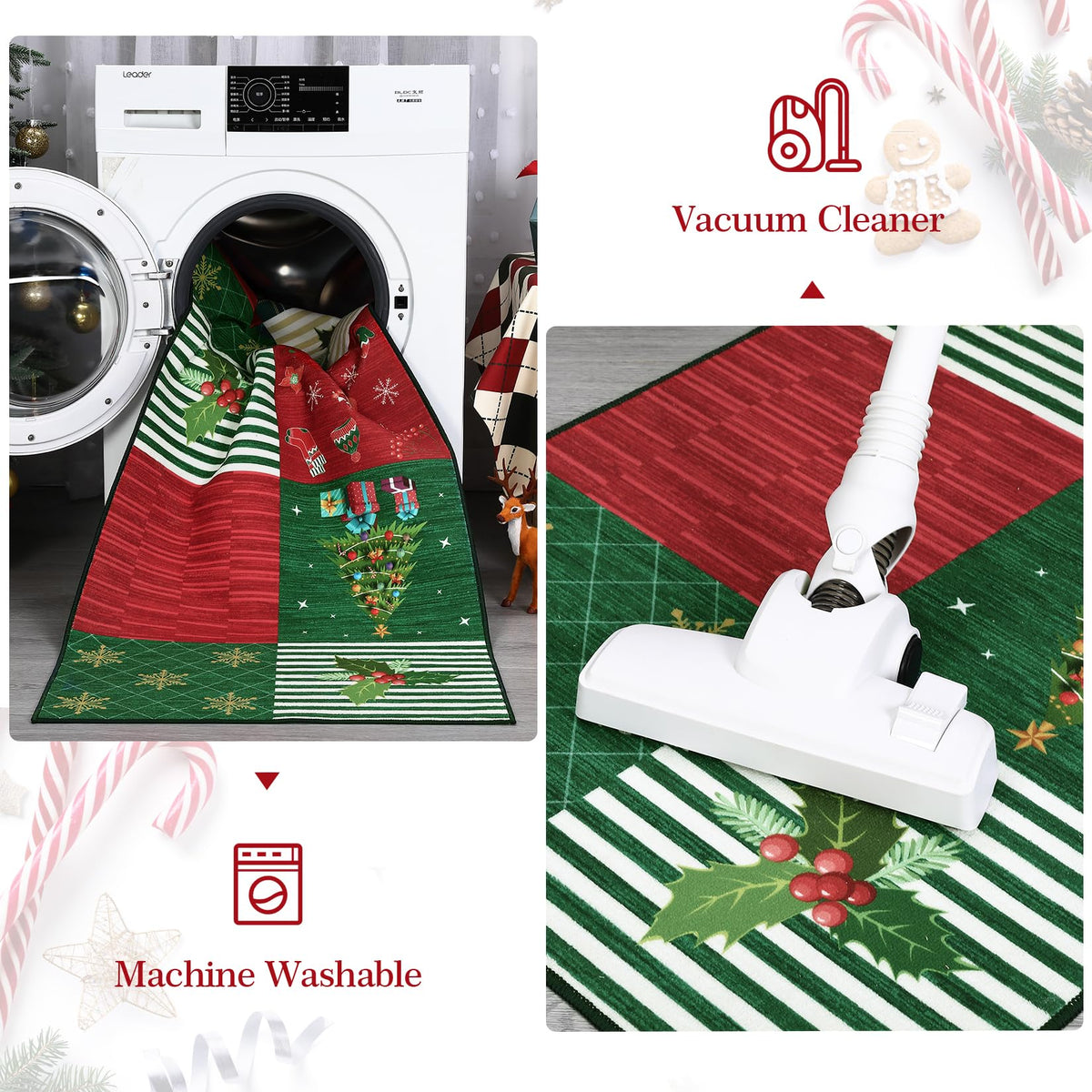 Tapis lavable en machine Garvee, motif sapin de Noël et flocons de neige, pour chambre et salon, 120 x 170 cm, rouge/vert