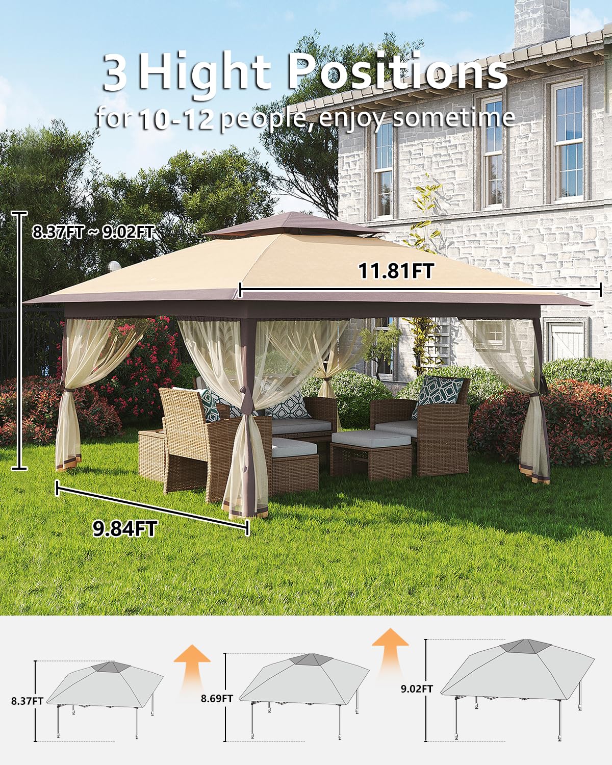 Pavillon pliant Garvee 3,65 m x 3,65 m avec moustiquaire, résistant aux UV, réglable en hauteur (3 positions), structure en acier, 6 panneaux latéraux, poches à sable pour le jardin et le camping, blanc