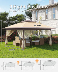 Pavillon pliant Garvee 3,65 m x 3,65 m avec moustiquaire, résistant aux UV, réglable en hauteur (3 positions), structure en acier, 6 panneaux latéraux, poches à sable pour le jardin et le camping, blanc
